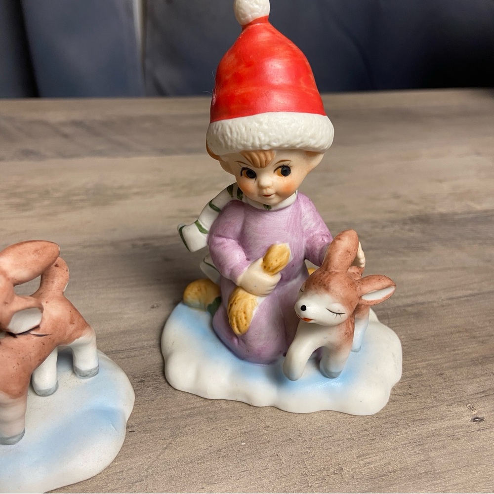 Vintage Hand painted, Lefton, Holiday Figurine Set W/ girl and boy w/ Fawn, 5” - Picture 3 of 9
